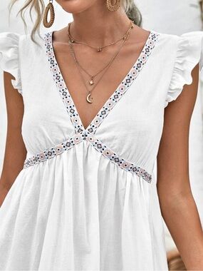 SHEIN White Boho Smock Dress with Geometric Embroidery Ruffles S Coastal Cowgirl
